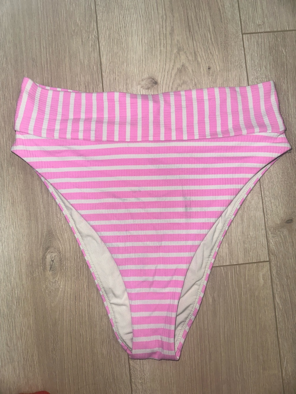 aerie Pink and White High-Waisted Striped Bikini Bottom
